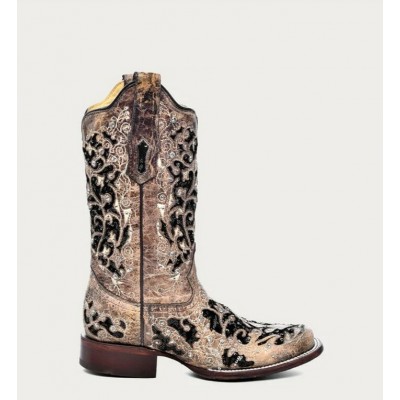 CORRAL - Bottes à Motif Floral Incrusté de Paillette Noir avec Cristaux et Clous