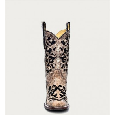 CORRAL - Bottes à Motif Floral Incrusté de Paillette Noir avec Cristaux et Clous