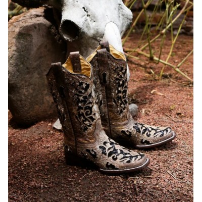 CORRAL - Bottes à Motif Floral Incrusté de Paillette Noir avec Cristaux et Clous