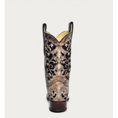 CORRAL - Bottes à Motif Floral Incrusté de Paillette Noir avec Cristaux et Clous