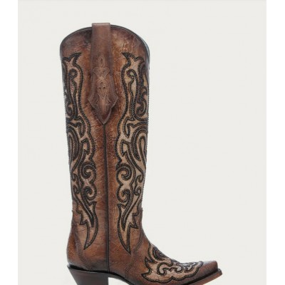 CORRAL - Bottes Haute Style Tabac Craquelé Brodé avec Cristaux
