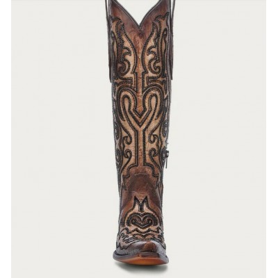 CORRAL - Bottes Haute Style Tabac Craquelé Brodé avec Cristaux