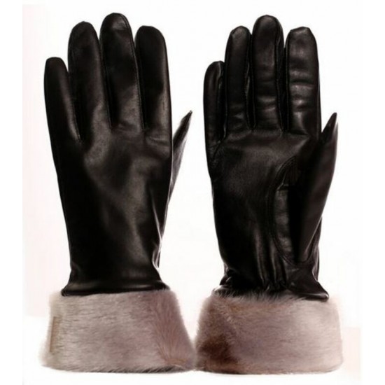 Bilodeau - Gants en cuir noir, bordure loup marin naturel