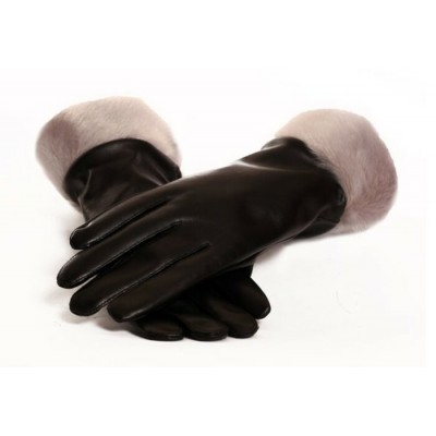 Bilodeau - Gants en cuir noir, bordure loup marin naturel