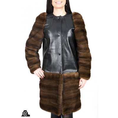 MANTEAU en cuir avec fourrure de vison brun