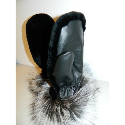 MITAINES en cuir et fourrure de castor avec fourrure de renard argenté doublés de fourrure de vison