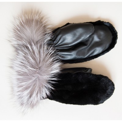 MITAINES en cuir et fourrure de castor avec fourrure de renard argenté doublés de fourrure de vison