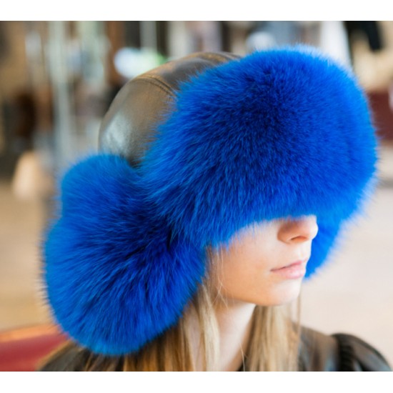 CHAPEAU en fourrure de renard bleu