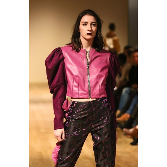 Pantalon avec bande en cuir rose et noir