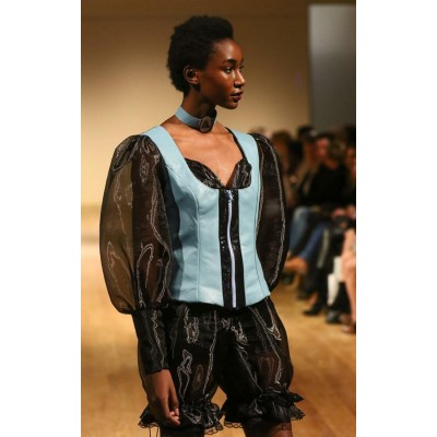 Veston en cuir bleu et tissu 
