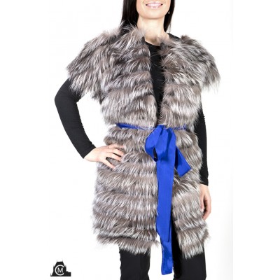 Veste en fourrure de renard argenté avec bandes de cuir