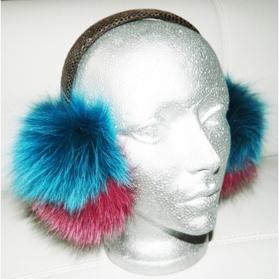 Cashe-oreilles en fourrure de renard turquoise et rose