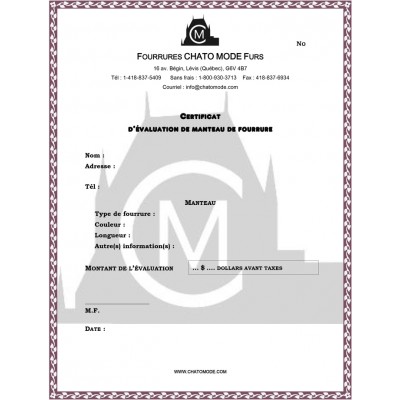 Certificat d'évaluation de vêtements en fourrure