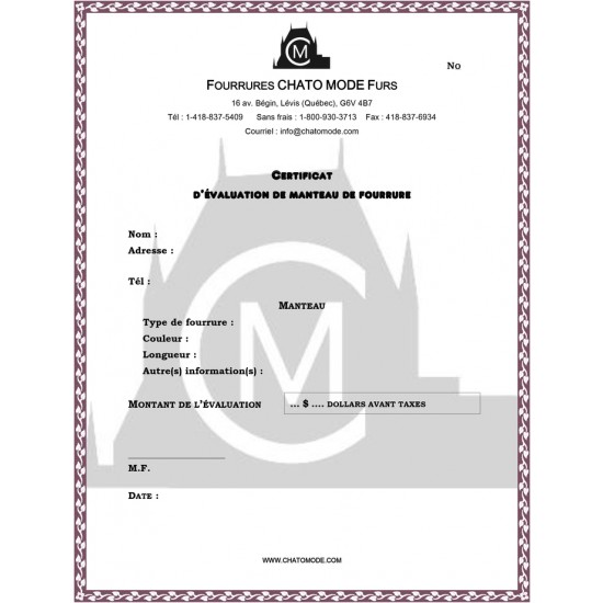 Certificat d'évaluation de vêtements en fourrure Certificat d'évaluation de vêtements en fourrure