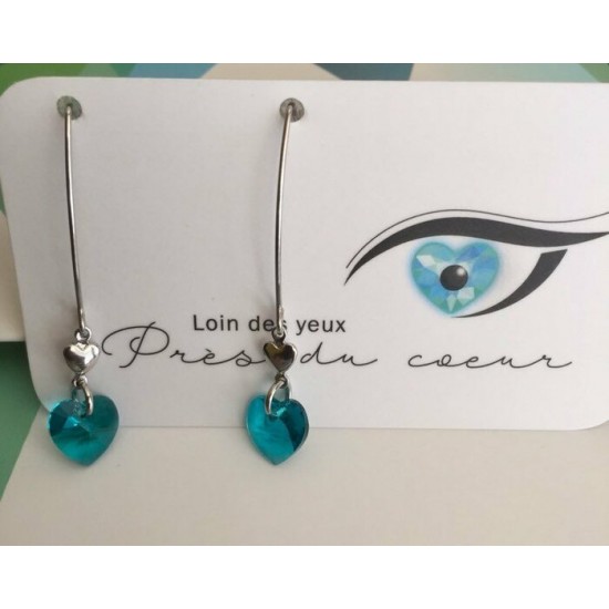 Boucle d'oreille longue coeur cristal turquoise 