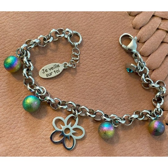 Bracelet fleur et boules iridescentes en acier inoxydable 