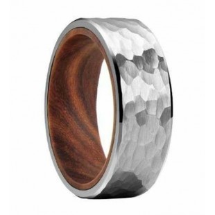 Bague Tungstène Argenté Martelé et bois