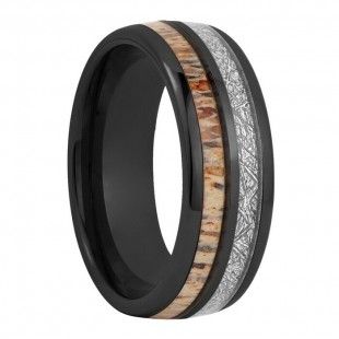 Bague Tungstène Noir , bois de cerf et...