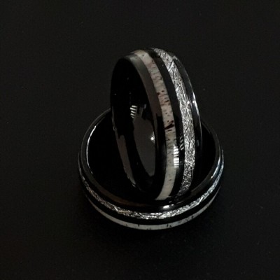 Bague Tungstène Noir , bois de cerf et météorite