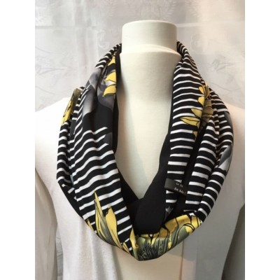 Foulard et couvre-visage Noir et blanc Rayé - Fleurs jaunes