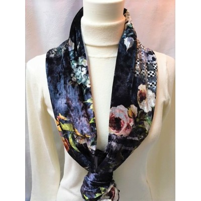 Foulard et couvre-visage Noir et gris chatoyant - Fleurs colorées