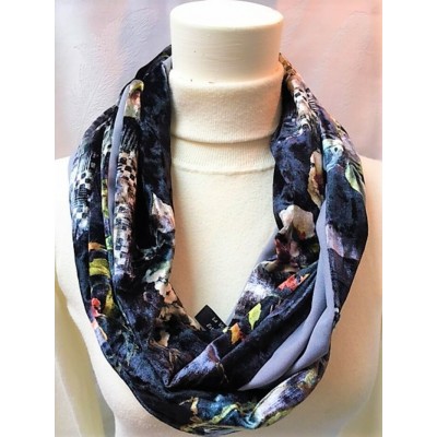 Foulard et couvre-visage Noir et gris chatoyant - Fleurs colorées