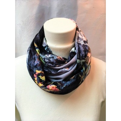 Foulard et couvre-visage Noir et gris chatoyant - Fleurs beiges