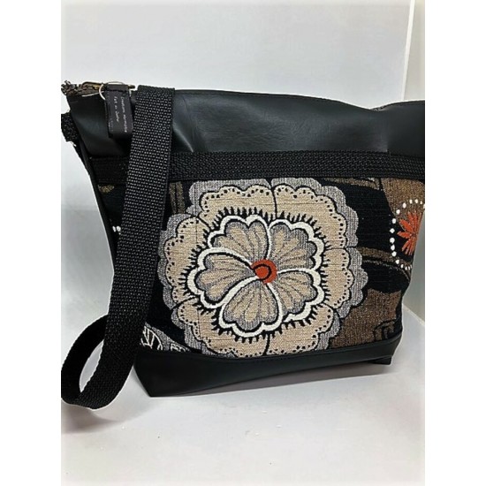 Sac à main - Fleurs beiges avec bouton orangé sur fond noir et brun