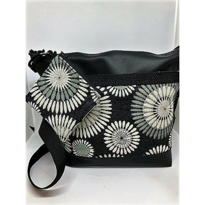 Sac à main - Fleurs grises et noires sur fond noir