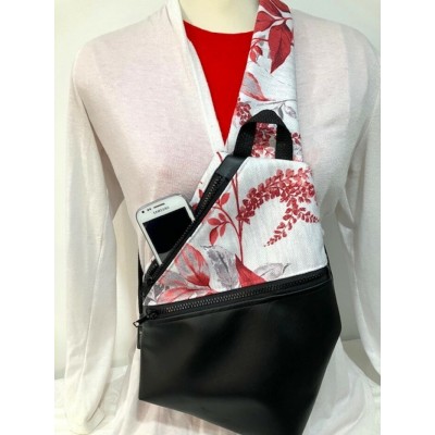 Sac à dos - grandes feuilles rouges sur fond gris pâle