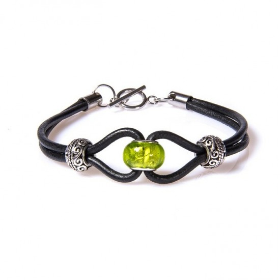 Bracelet Cuir Noir-Style Pandora Vert