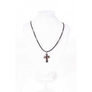 Collier Cuir Noir-Croix Acier Inoxydable
