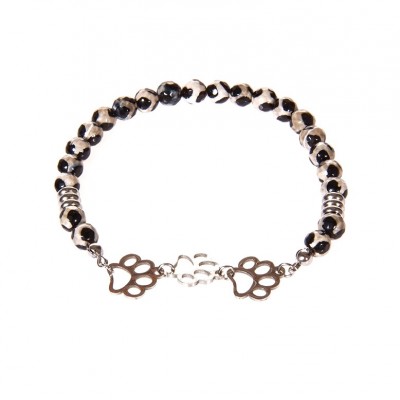 Boucles D'oreille-Agate Crème-Noir