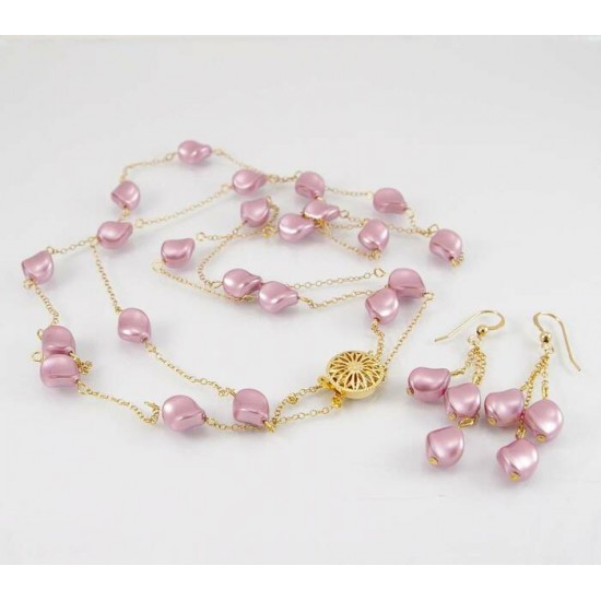 Collier et boucles d'oreille perle rose Swarovski fini or 14K