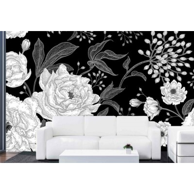 Murale Grosse Fleurs Noir Et Blanc