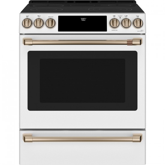 GE Café Cuisinière à éléments radiants de 30po avec friture a air sans préchauffage CCES700P4MW2 (Blanc Mat)