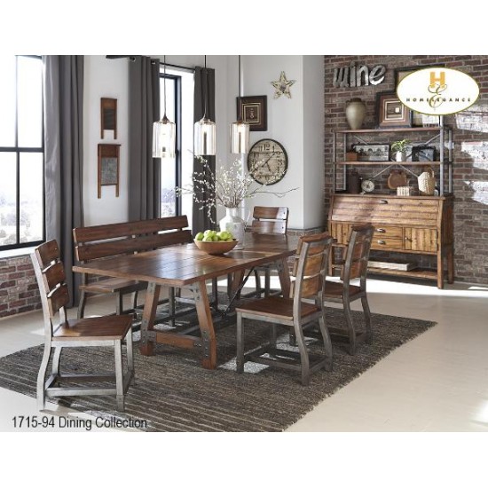 Ensemble table, quatre chaises et un banc Industrial