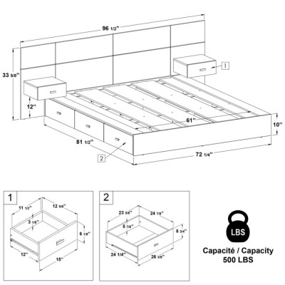 Lit queen avec rangement Zen Delta avec tables de chevet (Beauté Naturelle)