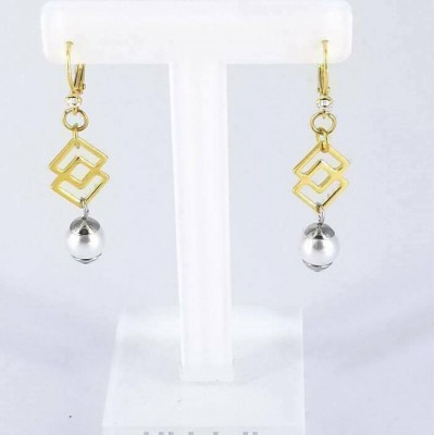 Boucles d'oreilles Dormeuses, Carré Double acier inoxydable or et Perle Swarovski