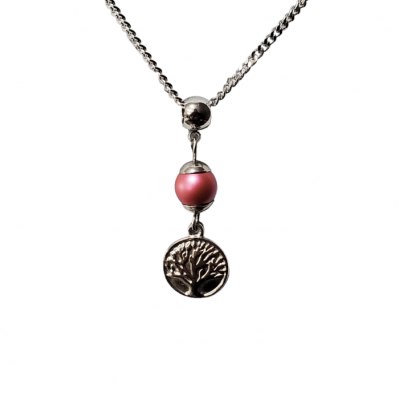 Collier court PERLE FRAMBOISE ET ARBRE DE VIE en acier inoxydable