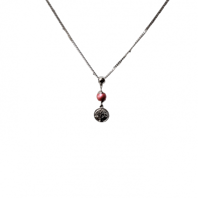 Collier court PERLE FRAMBOISE ET ARBRE DE VIE en acier inoxydable