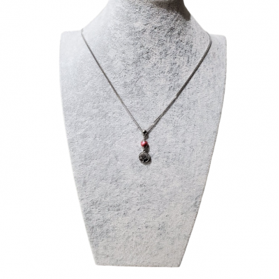 Collier court PERLE FRAMBOISE ET ARBRE DE VIE en acier inoxydable