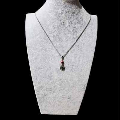 Collier court PERLE FRAMBOISE ET ARBRE DE VIE en acier inoxydable