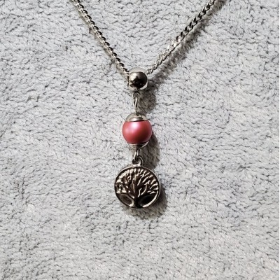 Collier court PERLE FRAMBOISE ET ARBRE DE VIE en acier inoxydable