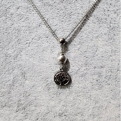 Collier court  avec PERLE GRISE swarovski ET ARBRE DE VIE en acier inoxydable