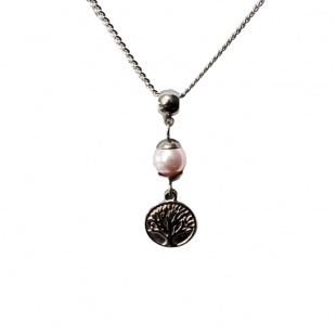 Collier court PERLE ROSE PALE ET ARBRE DE VIE en...