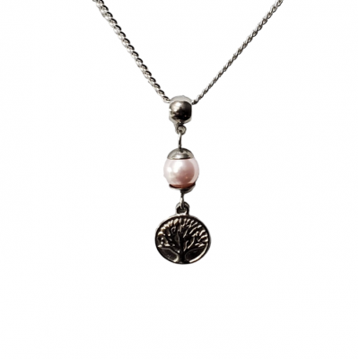 Collier court PERLE ROSE PALE ET ARBRE DE VIE en acier inoxydable