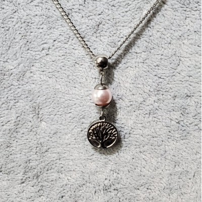 Collier court PERLE ROSE PALE ET ARBRE DE VIE en acier inoxydable