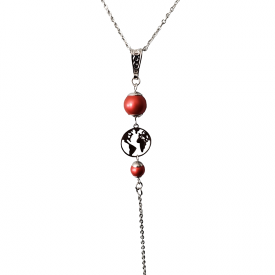 Collier pendentif PLANETE TERRE acier inoxydable perle rouge