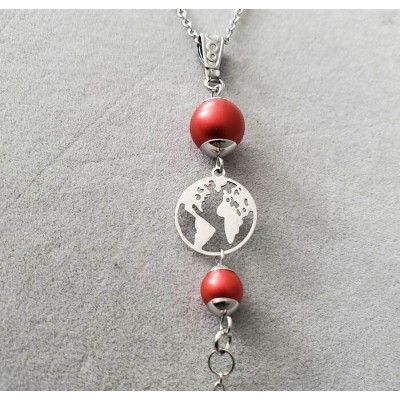 Collier pendentif PLANETE TERRE acier inoxydable perle rouge